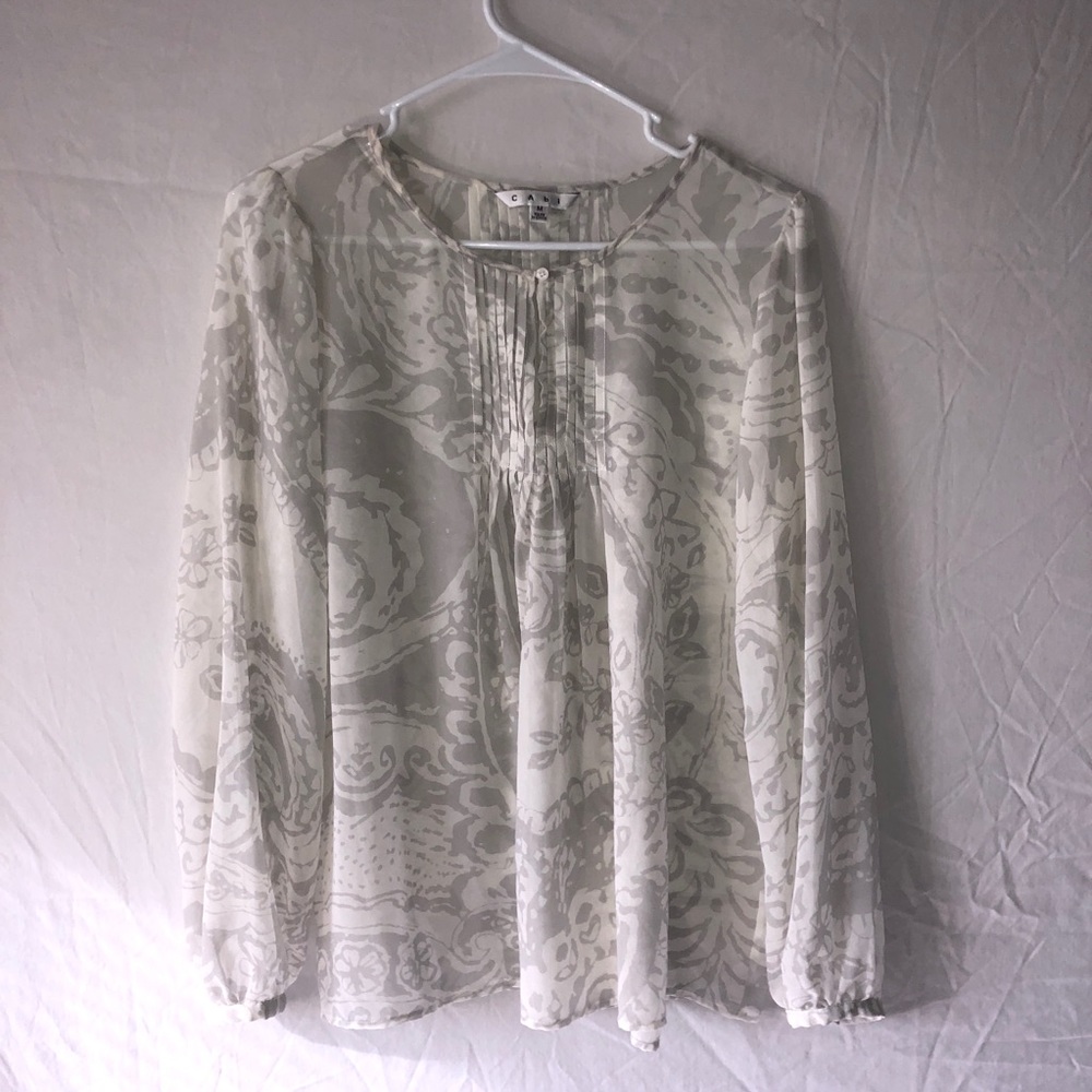 CAbi Sheer and Grey Peasant Blouse Pleated Back